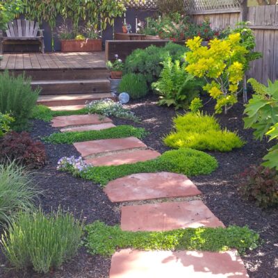30 Arizona Rosa Flagstone path and patio with floating redwood deck
