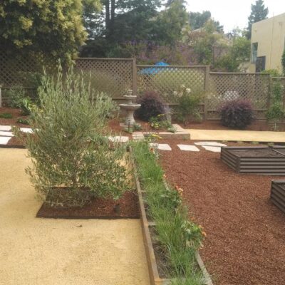 34 Sustainable veg beds mulch flagstone and dg with olive quarter inch fir bark